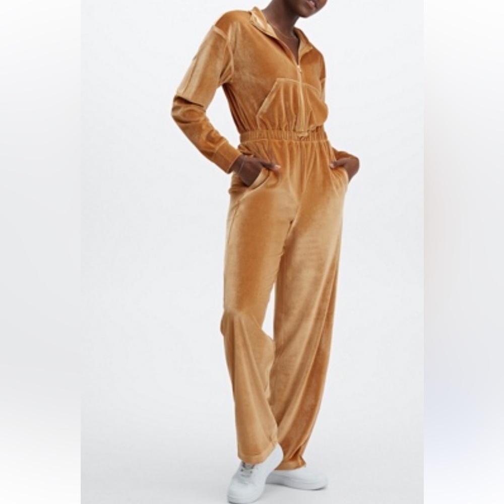 Fabletics Golden Tan Velour Zip-Front Jumpsuit, small